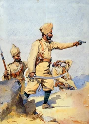 Soldater fra 24. punjabis, Malikdin Khel (Afridi) og Subadar, Jay Sikh, illustration til "Armies of India" af major G.F. MacMunn, udgivet i 1911, 1908